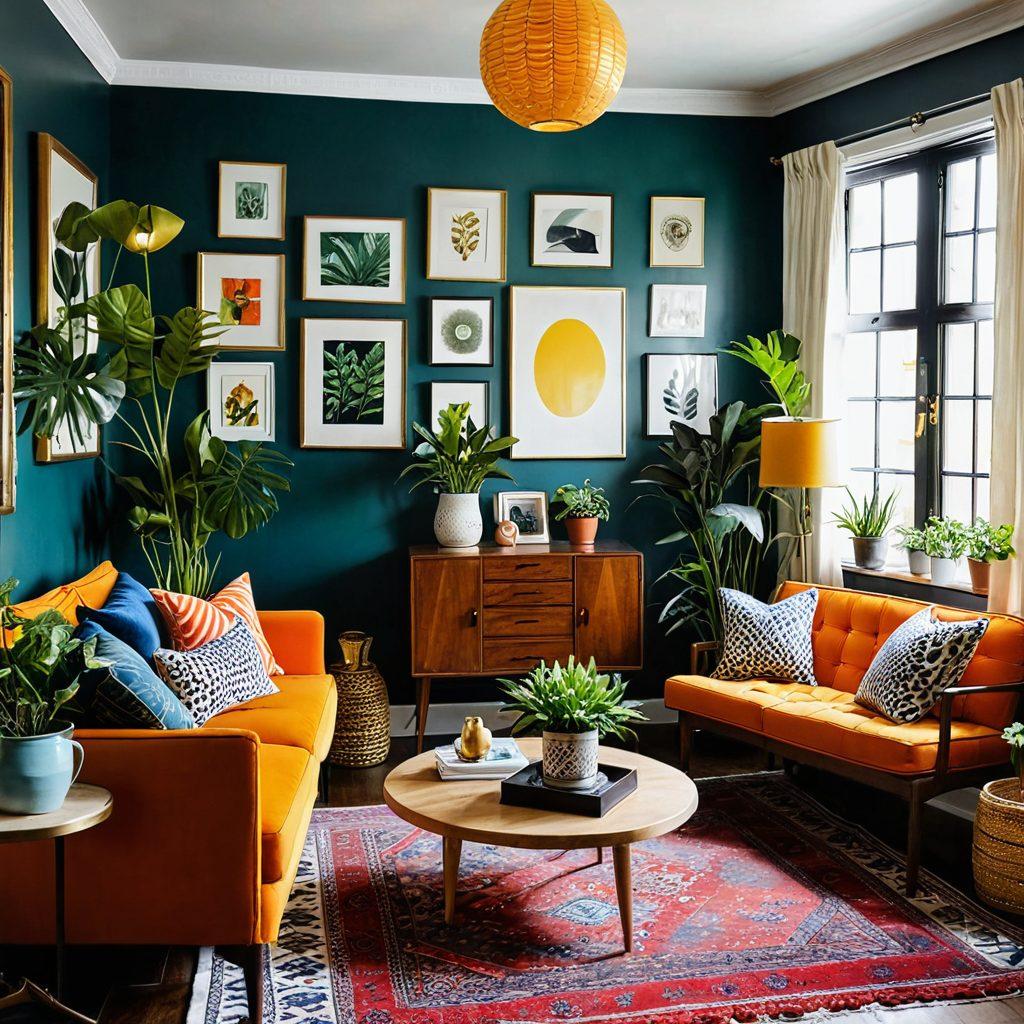 A cozy living room filled with an array of quirky and eclectic interior design elements, such as mismatched furniture, bold patterns, and vibrant colors. Include an eye-catching gallery wall showcasing various art styles, a vintage lamp with a unique design, and an eclectic mix of plants. The atmosphere should feel inviting and playful, demonstrating the transformation of the space's ambiance. super-realistic. vibrant colors. cozy atmosphere.