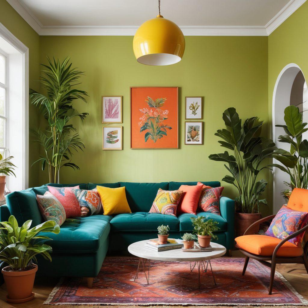 A whimsical living room filled with eclectic decor, featuring bright colors and playful furniture arrangements. Showcase unique artifacts like oversized cushions, quirky wall art, and vibrant potted plants, all exuding a sense of joy and creativity. Include soft lighting that enhances the cheerful atmosphere, inviting viewers to imagine transforming their own space. This scene should feel inviting and inspiring. vibrant colors. super-realistic.