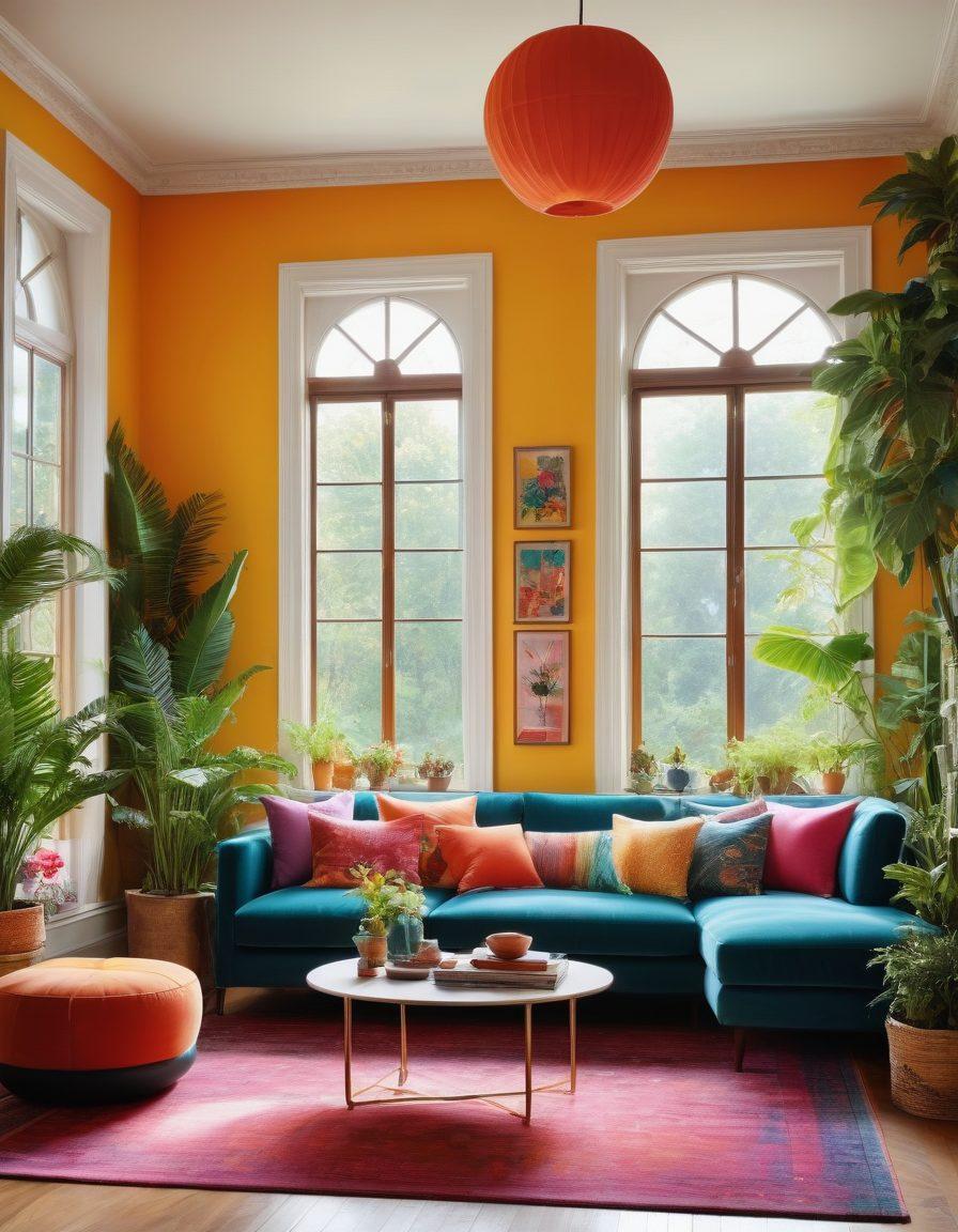 A cozy and artistic living room filled with vibrant plants, colorful artwork adorning the walls, and a uniquely designed furniture arrangement. Sunlight streams through large windows, casting playful shadows and highlighting a cheerful atmosphere. Soft cushions and handmade decor create a welcoming vibe, inviting creativity and relaxation. Super-realistic. Vibrant colors. Natural lighting.